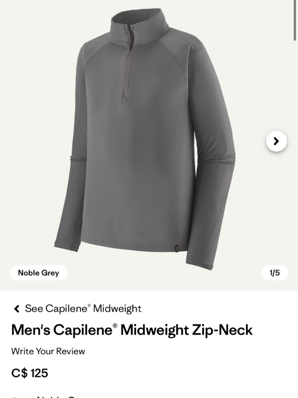 Patagonia Capilene Midweight Zip-Neck Nobel Gray Pullover Men's size S